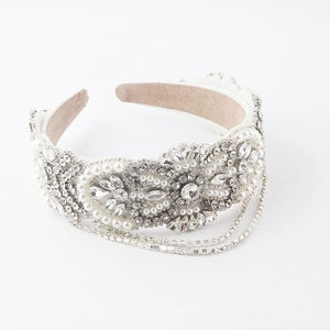 Luxurious padded headband with white pearls, rhinestones and elegant fringe tassels