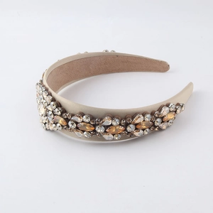 Baroque wide headband with champagne satin and amber crystals for party hairstyles