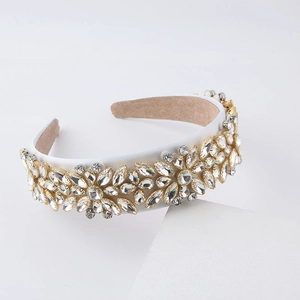 Luxury Baroque headband with white satin, gold base, and sparkling rhinestones
