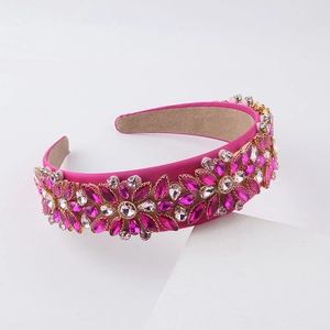 Baroque wide headband with pink crystal flowers on silk fabric for elegant women
