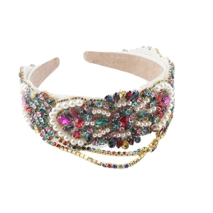 Luxurious wide headband with colorful rhinestones, pearls and triple hanging tassels