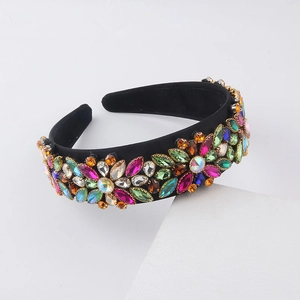 Luxury Baroque headband with colorful crystals and floral pattern on black velvet base