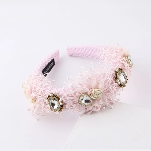 Baroque pink padded headband with rhinestone crystals, pearls and fabric roses
