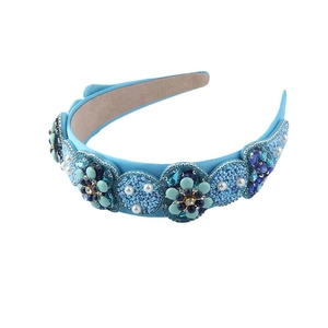 Baroque floral headband with blue satin, handmade crystals and pearls for women
