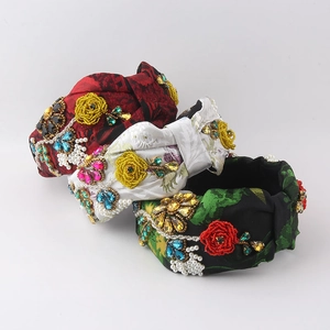 Cerchietto Largo a Nodo Barocco Lusso in Raso Jacquard Strass Künstliche Perle Sintetiche Ricamate Vintage Floreale Festa Matrimonio Capelli Donna