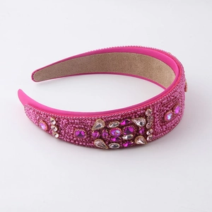 Baroque hot pink hand-beaded headband with sparkling rhinestones for women