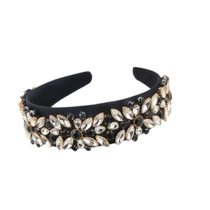 Baroque luxury headband with black and clear crystals on a wide velvet fabric base