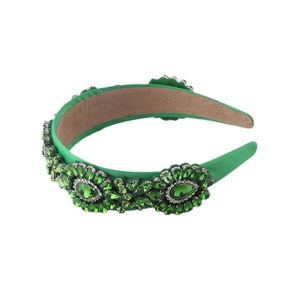 Elegant emerald green velvet headband with luxury sparkling rhinestone floral patterns
