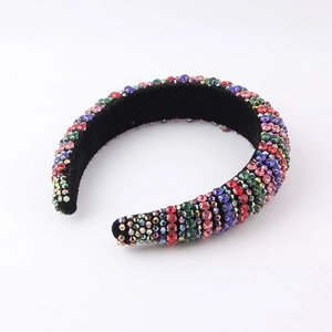 Baroque style wide headband with colorful rhinestones on a black velvet base