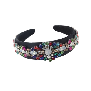 Baroque fashion headband with colorful crystal rhinestones on a black fabric base