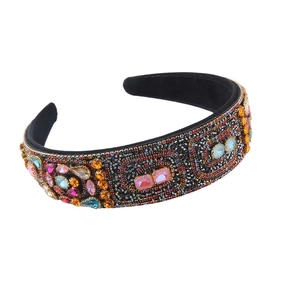Vintage Baroque wide padded headband with colorful rhinestones and beads on black velvet