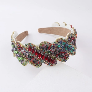 Baroque wide headband with colorful rhinestones and beads on brown faux suede base