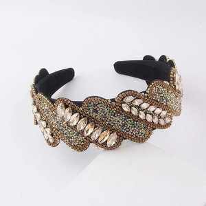 Baroque padded headband with champagne rhinestones and colorful beads on black velvet