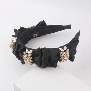 Serre-tête plissé noir élégant orné de cristaux brillants pour femmes style de fête