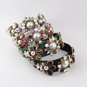 Serre-tête Large Baroque de Luxe en Tissu avec Strass et Künstliche Perles d'Imitation Accessoire de Cheveux Rétro Femme Fête