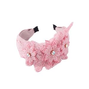 Serre-tête fleuri en perles roses avec cristaux et base en satin pour femmes