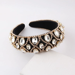 Baroque wide velvet headband with oversized crystals and silver rhinestones on white stand