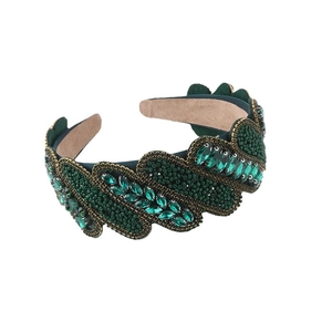 Baroque dark green velvet headband with hand-beaded crystals and scalloped embroidery edge