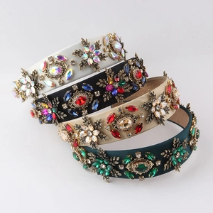 Baroque Colorful Rhinestone Wide Headband For Women Luxury Vintage Palace Style Floral Alloy Satin Hair Band Party Jewelry