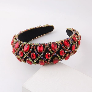 Luxury Baroque wide padded headband with red crystals and colorful rhinestones on velvet