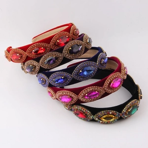 Baroque Luxury Velvet Headband For Women Vintage Marquise Artificial Gemstone Rhinestone Inlaid Wide Padded Hair Accessories