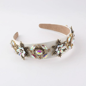 Baroque white headband with colorful rhinestones and gold floral metal accents