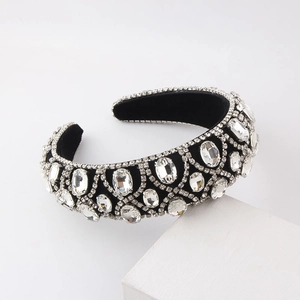 Baroque style wide sponge headband with luxury crystals and silver rhinestone grid