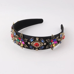 Baroque colorful rhinestone headband with vintage gold metal accents on black satin