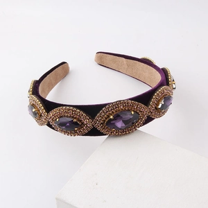 Deep purple velvet headband with ornate rhinestones and vintage baroque crystal accents