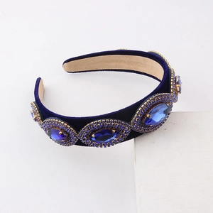Baroque navy velvet headband with sparkling blue rhinestones in gold setting