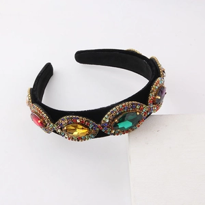 Baroque velvet headband with colorful gemstones and rhinestones for women's party fashion