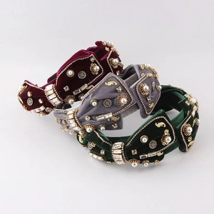 Vintage Velvet Knotted Headband Luxury Rhinestone Imitation Artificial Pearl Flower Hair Hoop For Women Party Wedding Hair Accessories