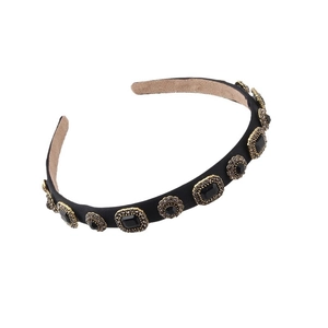 Elegant black velvet headband with sparkling rhinestones and gold metal accents for women