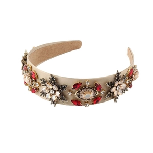 Baroque colorful crystal headband with red jewels on champagne satin fabric