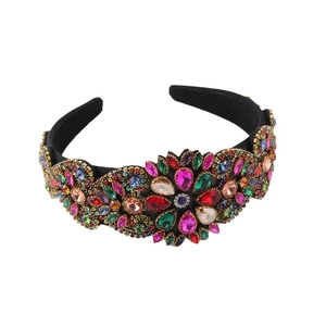 Luxury Baroque headband with colorful crystal rhinestones on a wide black fabric base
