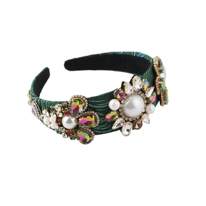 Serre-tête baroque vert émeraude avec motif plumes, perles et cristaux multicolores