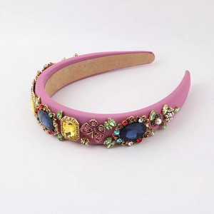 Baroque lilac padded headband featuring large colorful gemstones and butterfly rhinestones