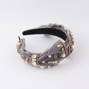 Luxurious grey velvet headband with pearls and rhinestones in Byzantine style
