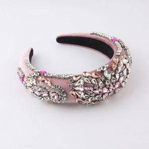 Padded pink velvet headband with multi-color rhinestones in baroque luxury style