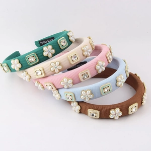 Fashion Padded Sponge Headband For Women Elegant Fabric Hairband With Artificial Pearl Flowers And Rhinestones Retro Hair Accessories