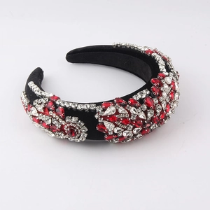 Baroque sponge headband with red and clear crystals on black velvet for parties