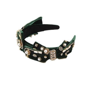 Green velvet headband with pearls and rhinestones in luxury vintage style
