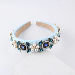 Baroque light blue sponge headband with pearls, rhinestones, and blue gemstones