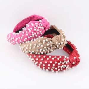 Women Fashion Wide Knotted PU Leather Headband With Faux Artificial Pearl Embellishment Elegant Vintage Style Hair Accessory For Party