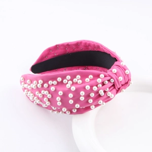 Fashionable rose red wide leather headband with white pearls and silver studs