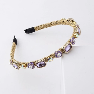 Baroque braided gold headband with purple gemstones, enamel flowers and pearls