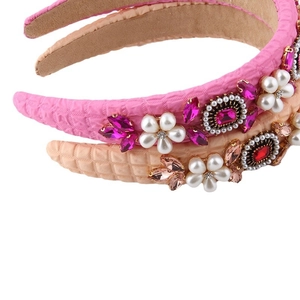 French retro style pearl and rhinestone headband with waffle texture in pink and beige