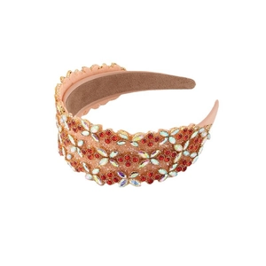 Serre-tête baroque large avec cristaux rouges et strass AB sur tissu rose