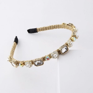 Elegant gold woven headband with white camellia flowers, pearls and crystal rhinestones