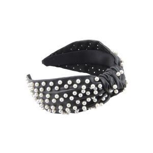 Fashionable black leather-look wide knot headband with elegant white pearl embellishments